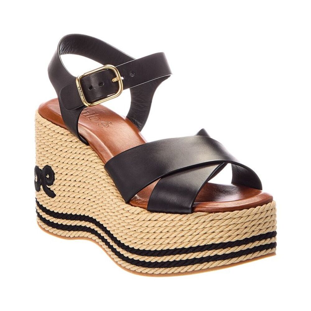 Chloé Sand Raffia & Leather Wedge Sandal, Black